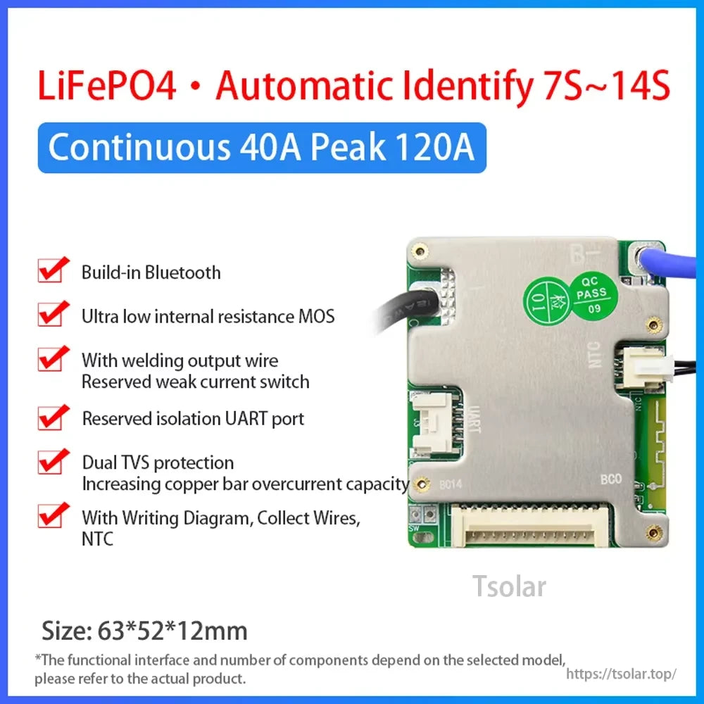 LiFePO4 7S-14S BMS feature poster with 40A continuous, 120A peak and built-in Bluetooth checklist