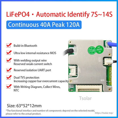 LiFePO4 7S-14S BMS feature poster with 40A continuous, 120A peak and built-in Bluetooth checklist