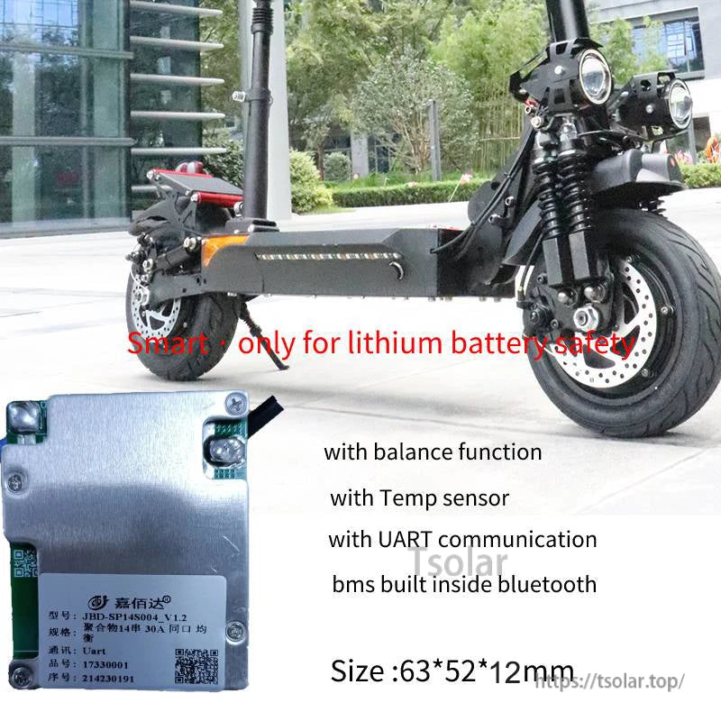 Electric scooter application graphic with BMS label side shown and list of balance, temp sensor, UART, BT