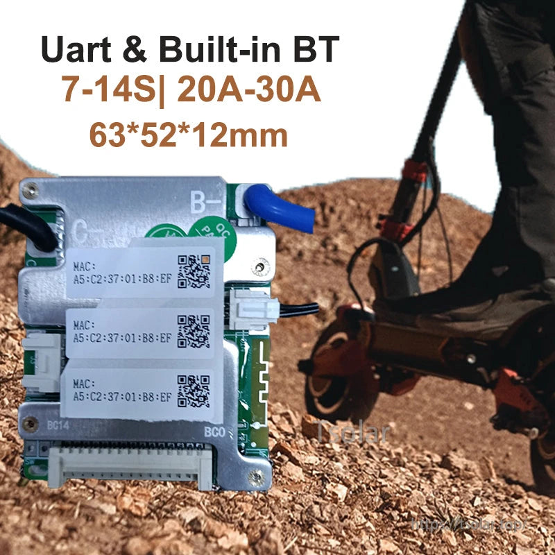 Smart BMS shown on e-scooter use-case graphic, UART and built-in Bluetooth, 7-14S, 63×52×12mm