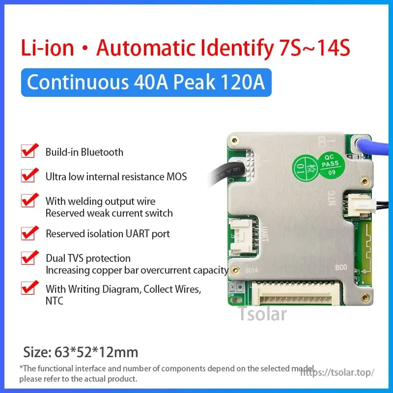 Li-ion 7S-14S BMS feature poster with 40A continuous, 120A peak and wiring diagram/NTC notes