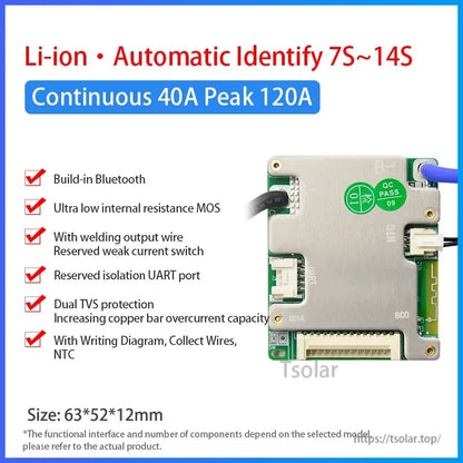 Li-ion 7S-14S BMS feature poster with 40A continuous, 120A peak and wiring diagram/NTC notes