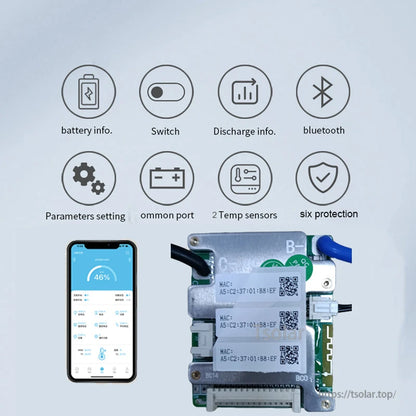 Bluetooth app interface icons and phone screen beside BMS board with MAC/QR labels and balance plug