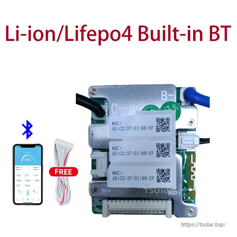 Built-in Bluetooth BMS graphic with phone app and included balance wire cable shown