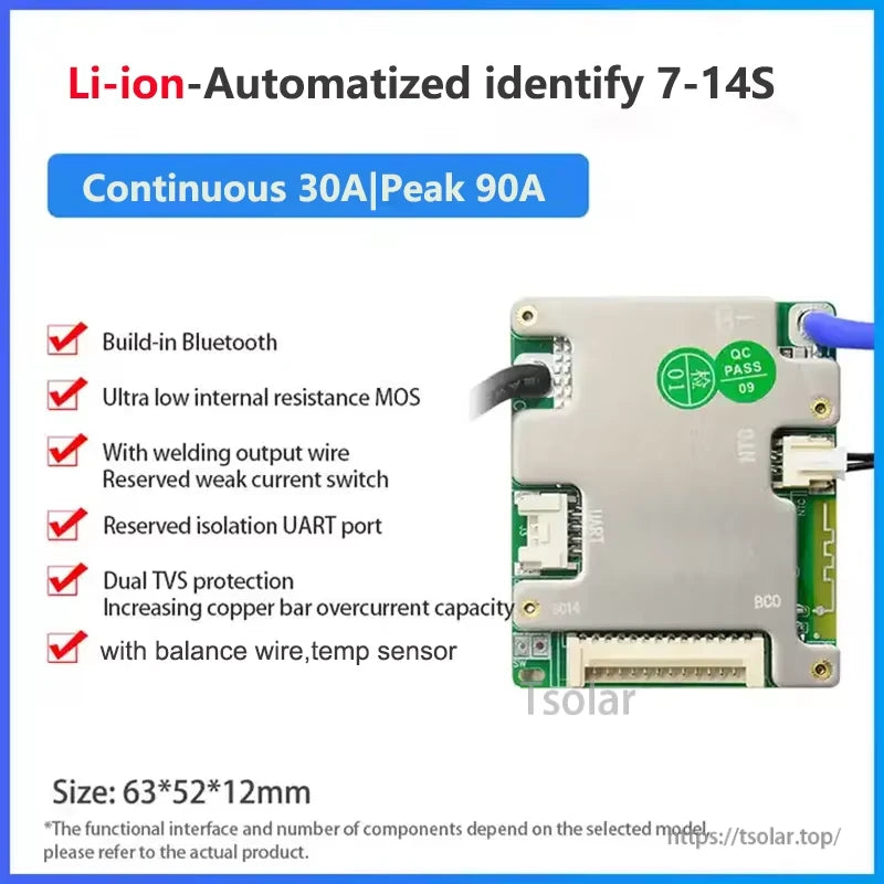 Li-ion 7-14S BMS feature poster with 30A continuous, 90A peak and built-in Bluetooth/UART checklist