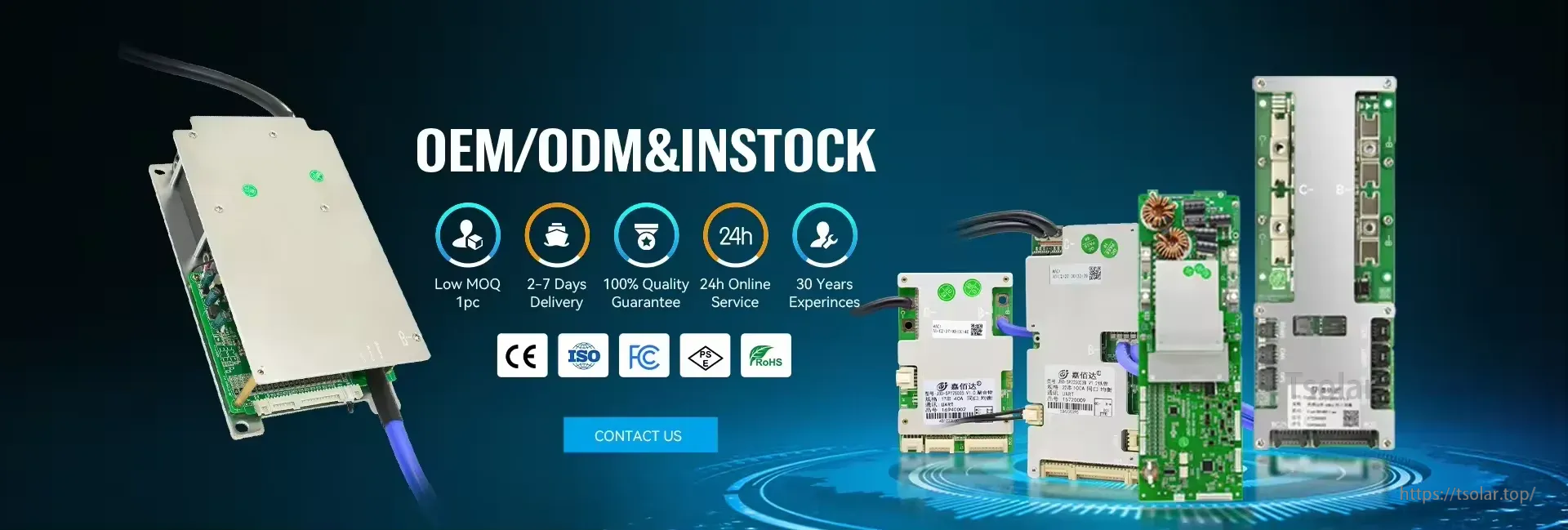 OEM/ODM smart BMS product lineup banner for lithium battery management boards with Bluetooth and UART