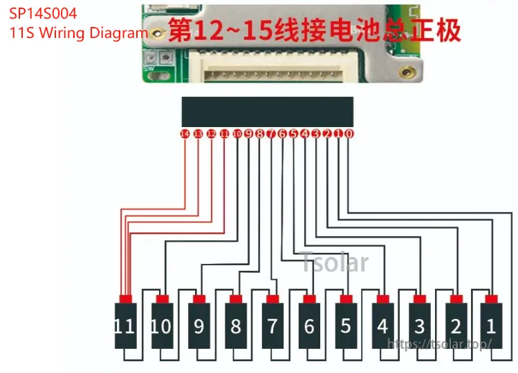 JBD SP14S004 11S balance lead wiring diagram with numbered cells and connector pin mapping