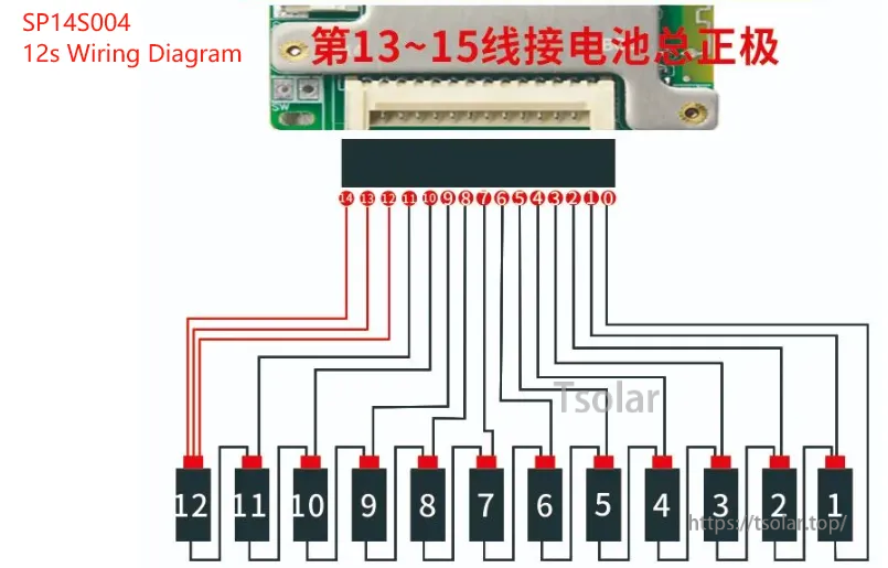 JBD SP14S004 12S balance lead wiring diagram for correct cell tap sequence into the balance connector