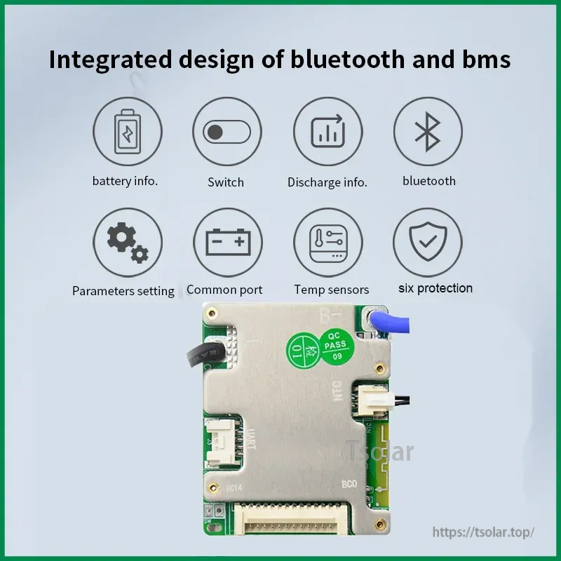 Integrated Bluetooth smart BMS feature graphic highlighting battery info, switching, discharge data and protections