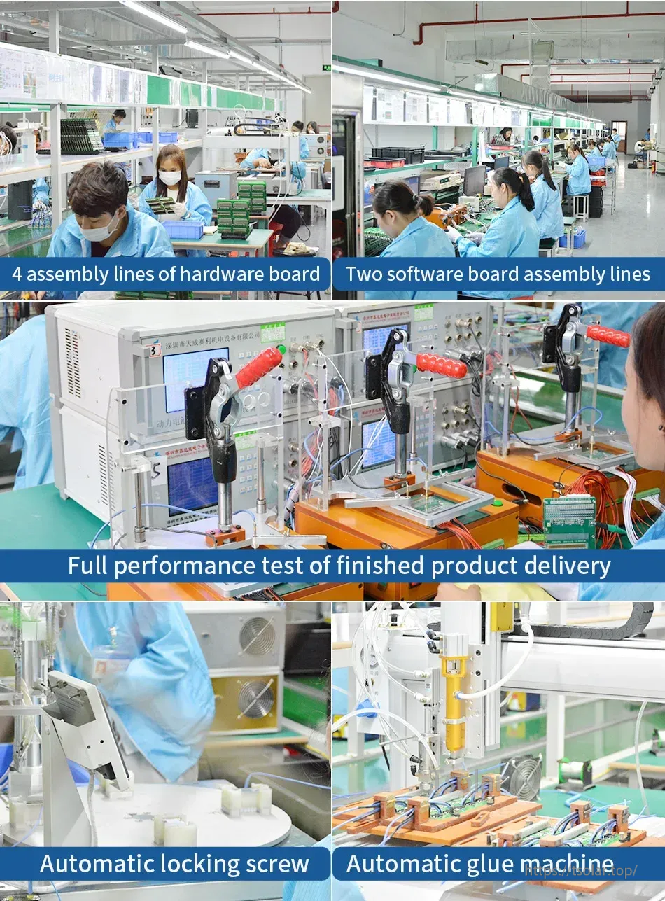 Factory assembly and testing lines for smart BMS boards, with automated screw locking and glue dispensing.