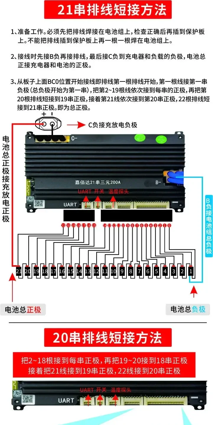 21S and 20S balance lead wiring connection diagram for SP21S001 with labeled B-, C- and UART ports (Chinese text)
