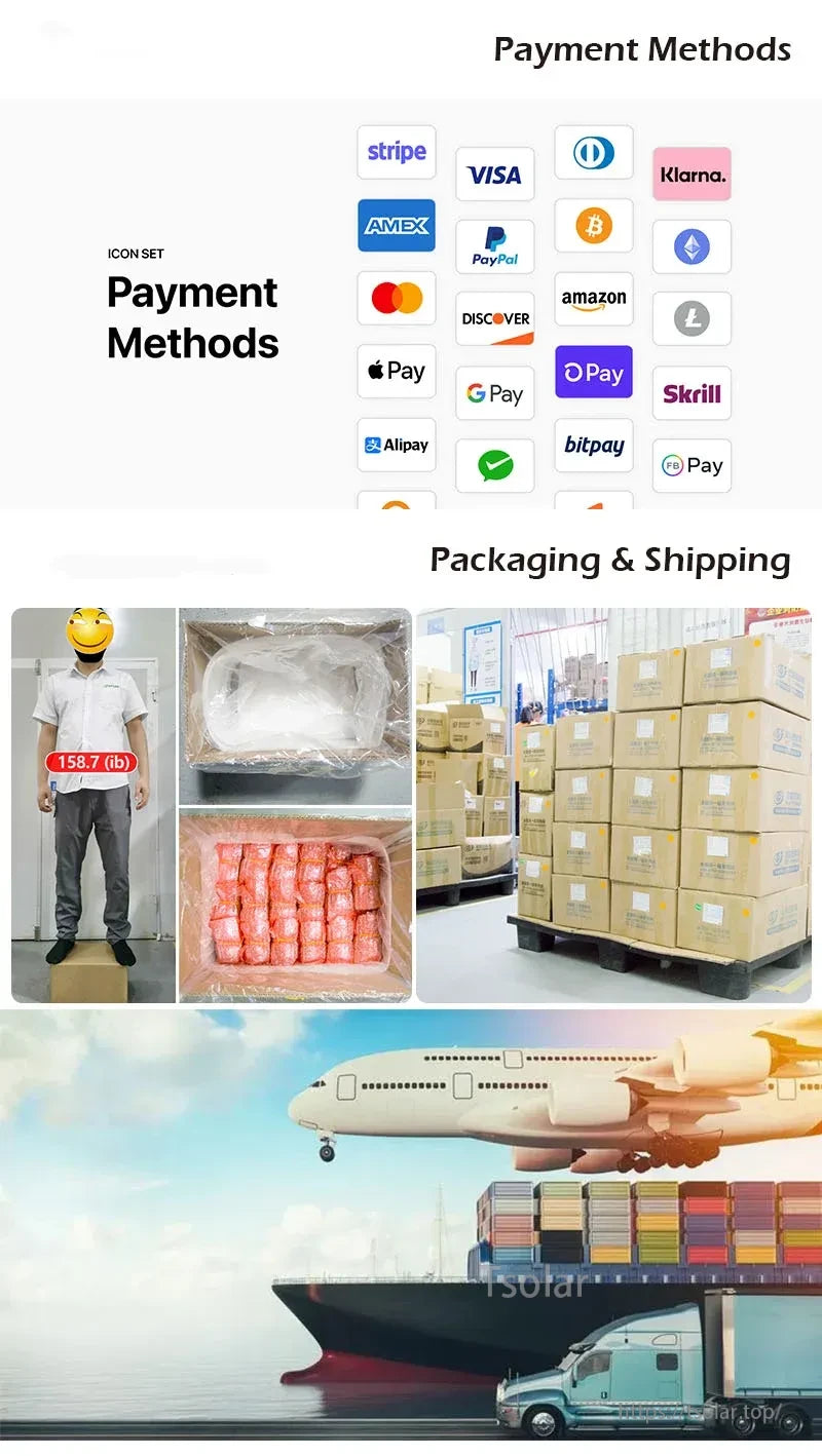 Payment methods logos and packaging & shipping collage with boxed pallets, container ship, and cargo plane