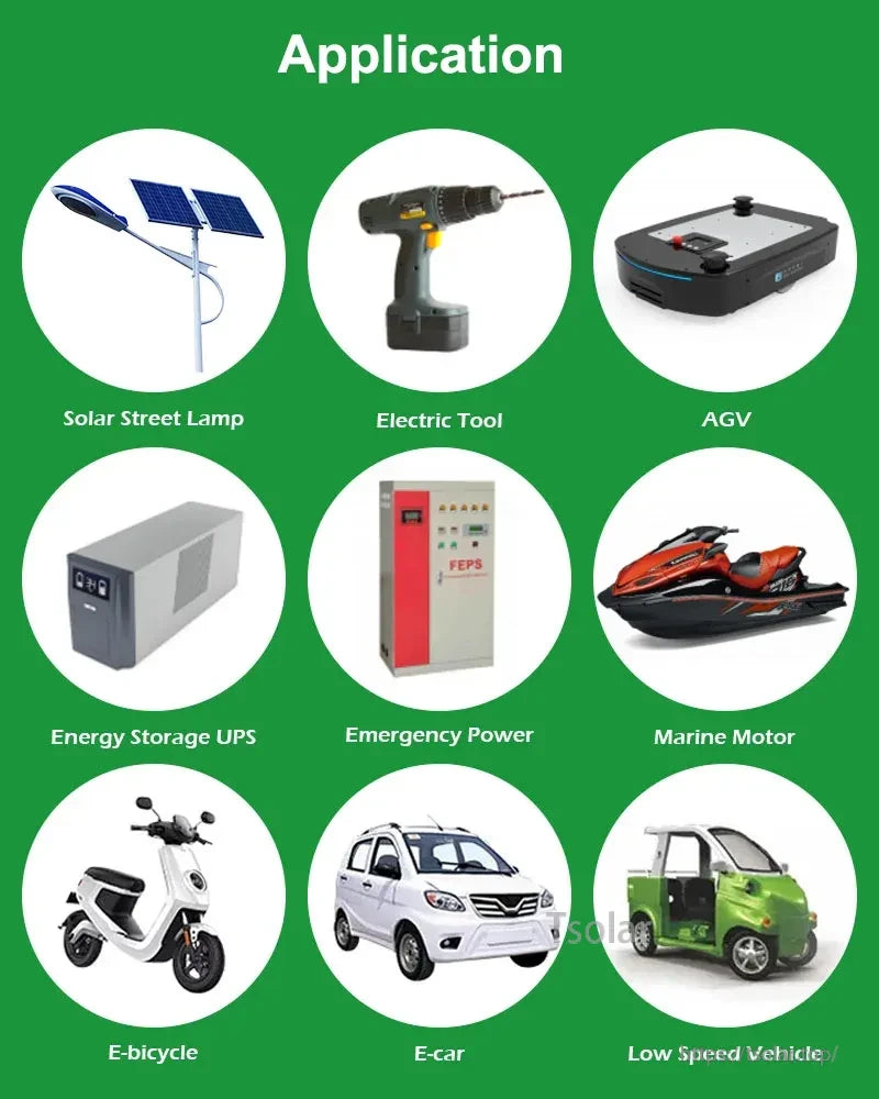 Application graphic showing solar street lamp, electric tool, AGV, energy storage UPS, emergency power, and e-vehicles