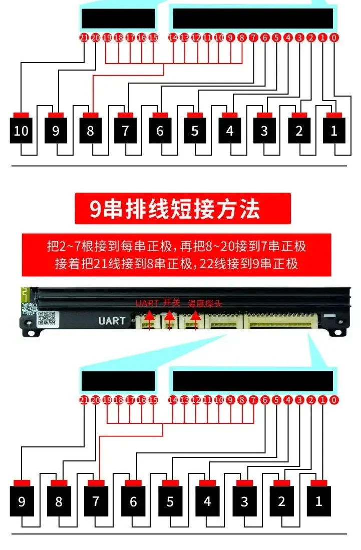 9S balance wiring short-connection diagram with numbered cell taps and BMS connector callouts (Chinese text)