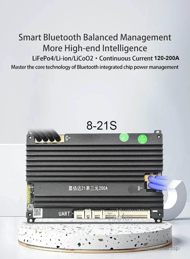 Jiabaida SP21S001 Smart BMS front view highlighting 8–21S support and 120–200A continuous current