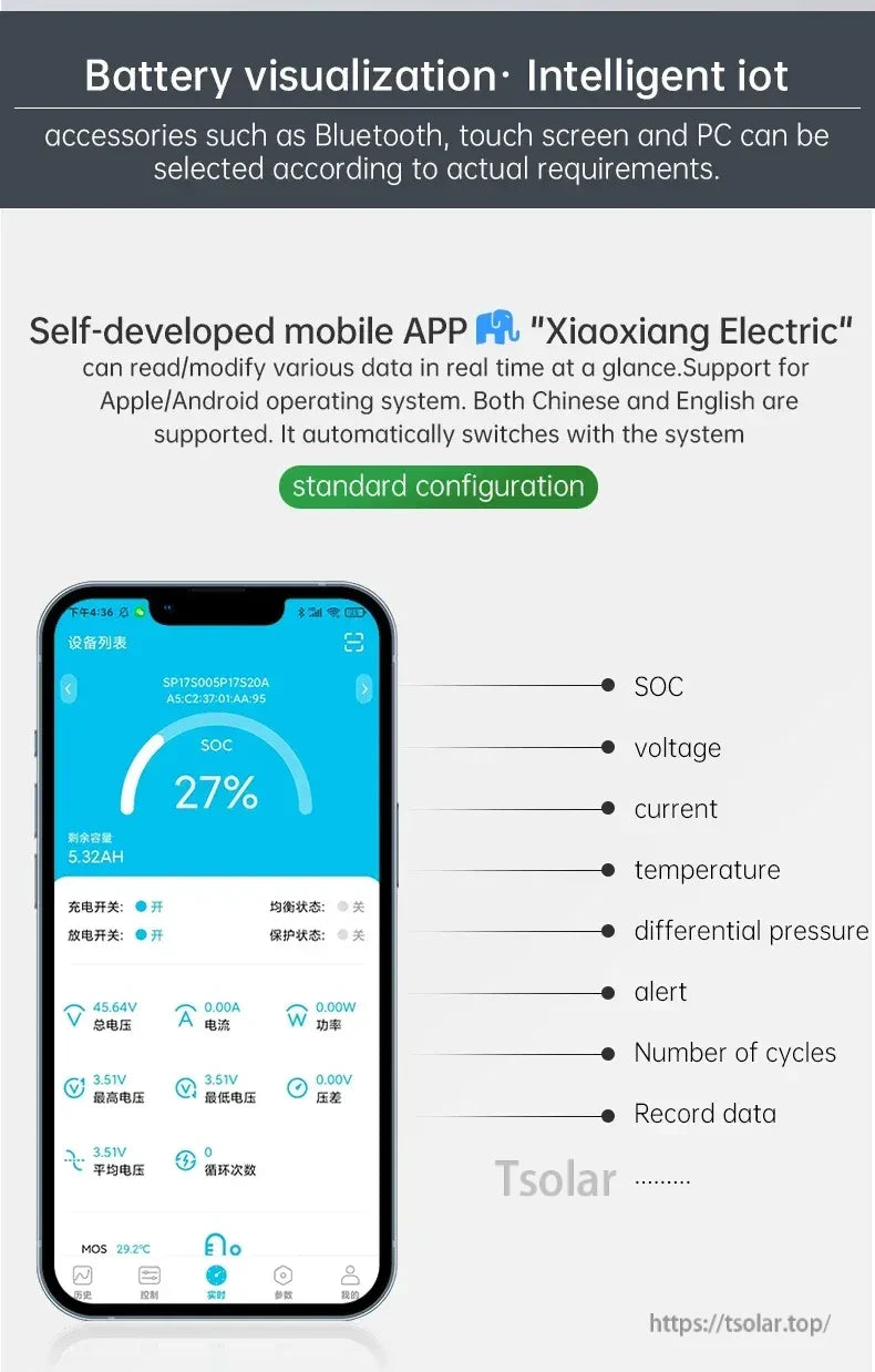 Xiaoxiang Electric mobile app screen for Bluetooth battery visualization: SOC, voltage, current, temperature and records