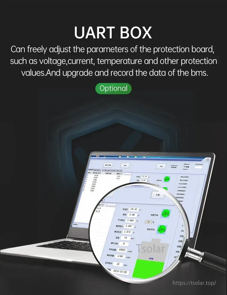 UART BOX optional PC tool interface for adjusting protection parameters and upgrading/recording BMS data