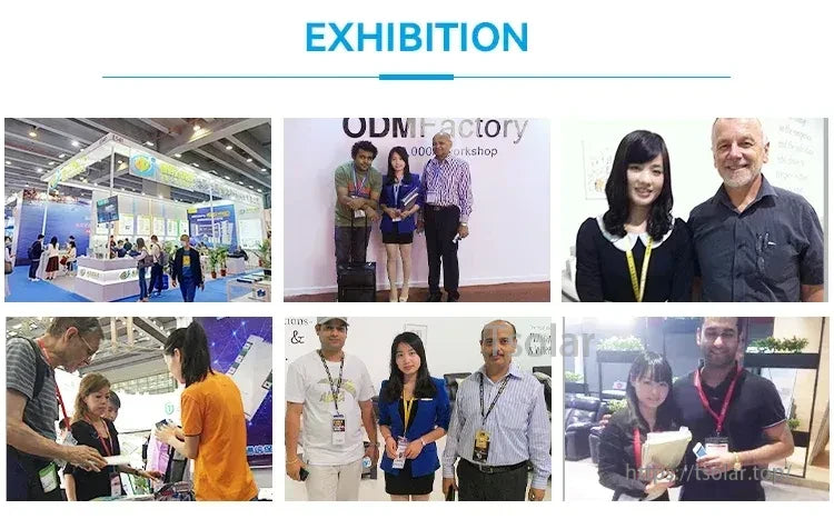 Collage of exhibition photos showing booth displays and attendees posing for group pictures at a trade show