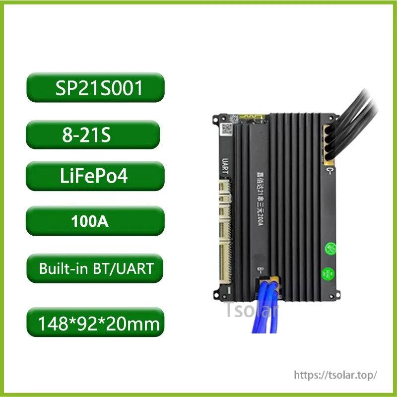 SP21S001 spec graphic: 8–21S LiFePO4, 100A, built-in BT/UART, size 148×92×20 mm