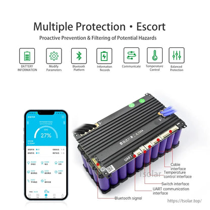 Smart BMS protection features infographic with battery pack wiring callouts and phone app screen