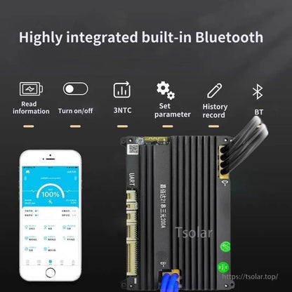 Built-in Bluetooth smart BMS graphic showing app functions: read info, set parameters, history, BT