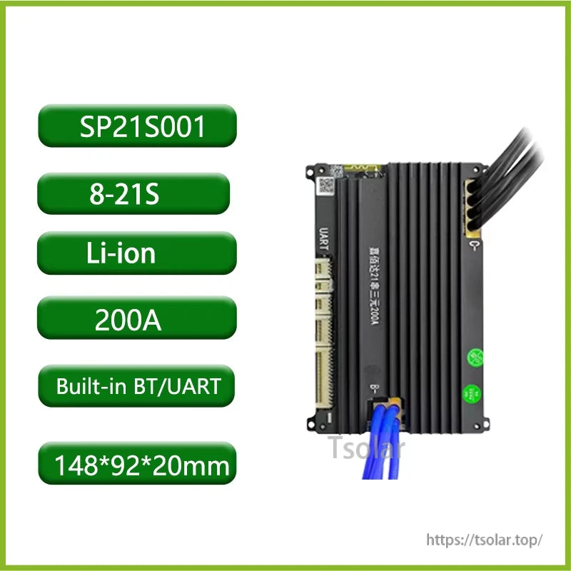 SP21S001 spec graphic: 8–21S Li-ion, 200A, built-in BT/UART, size 148×92×20 mm