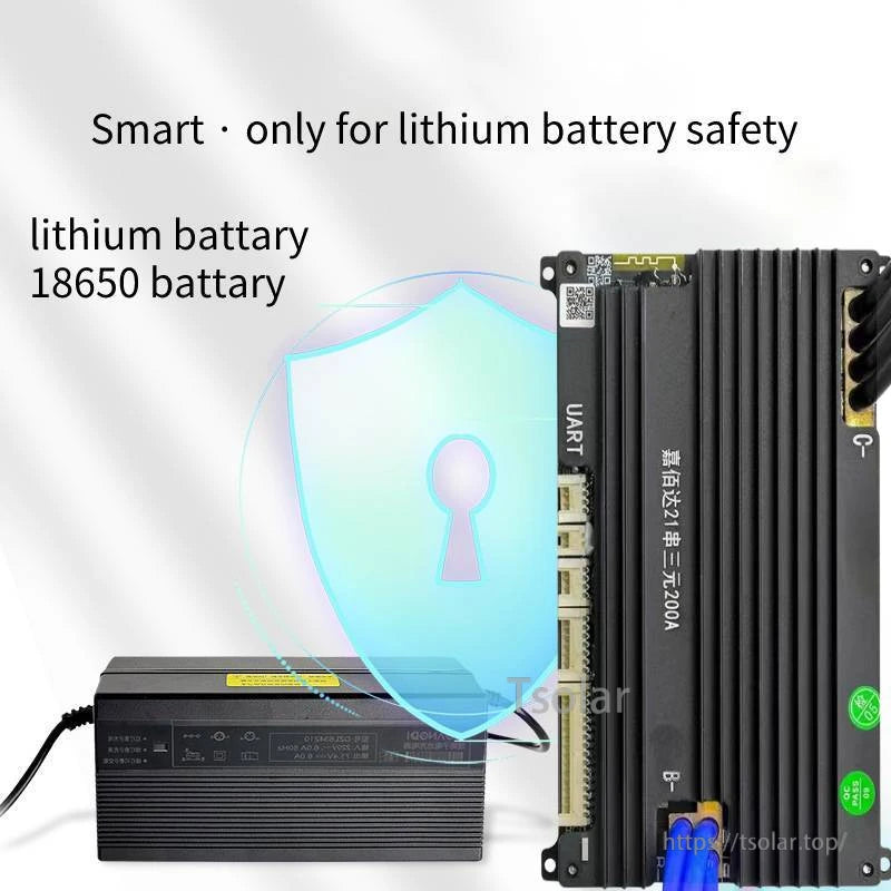 Lithium battery safety graphic showing smart BMS next to power supply and 18650 lithium battery text