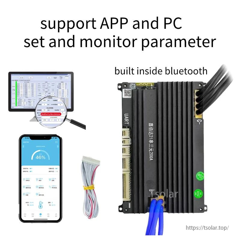APP and PC monitoring graphic showing BMS, software screen, phone app, and included balance lead cable
