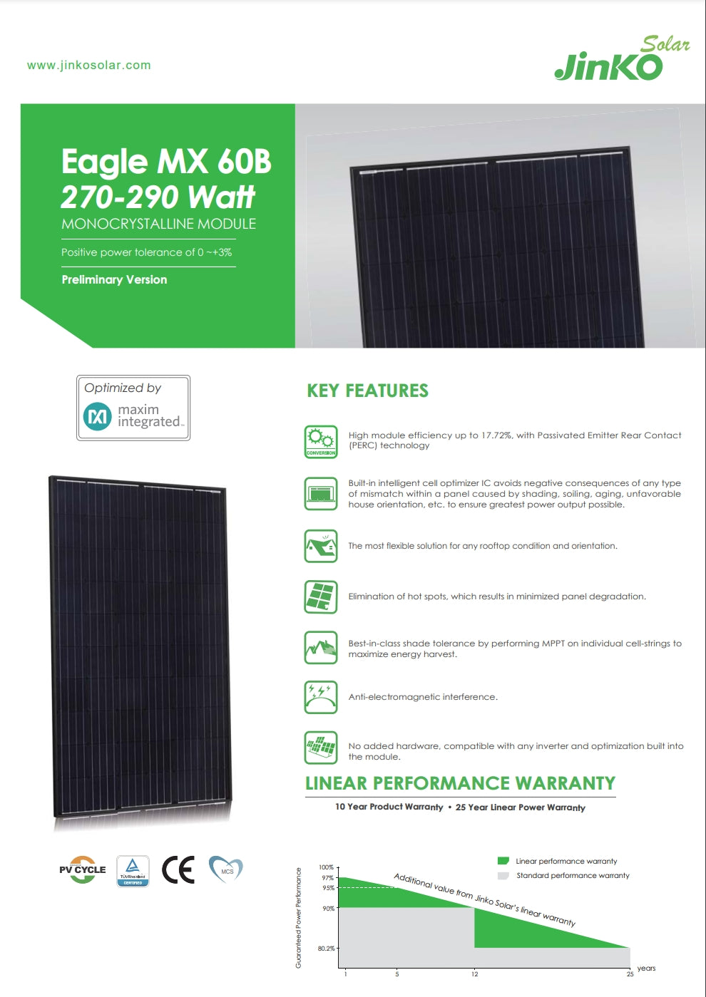 The Jinko 280W Solar Panel features a monocrystalline module with high efficiency and optimized design for maximum power output.
