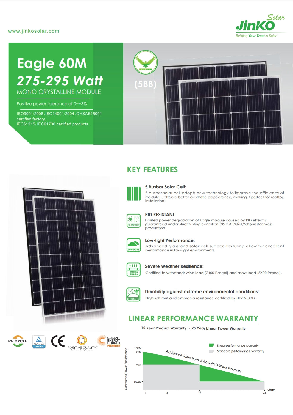 Jinko 295W Solar Panel, Jinko Solar Eagle 60M module features mono crystalline technology, improved efficiency, and certifications from ISO and OHSAS.