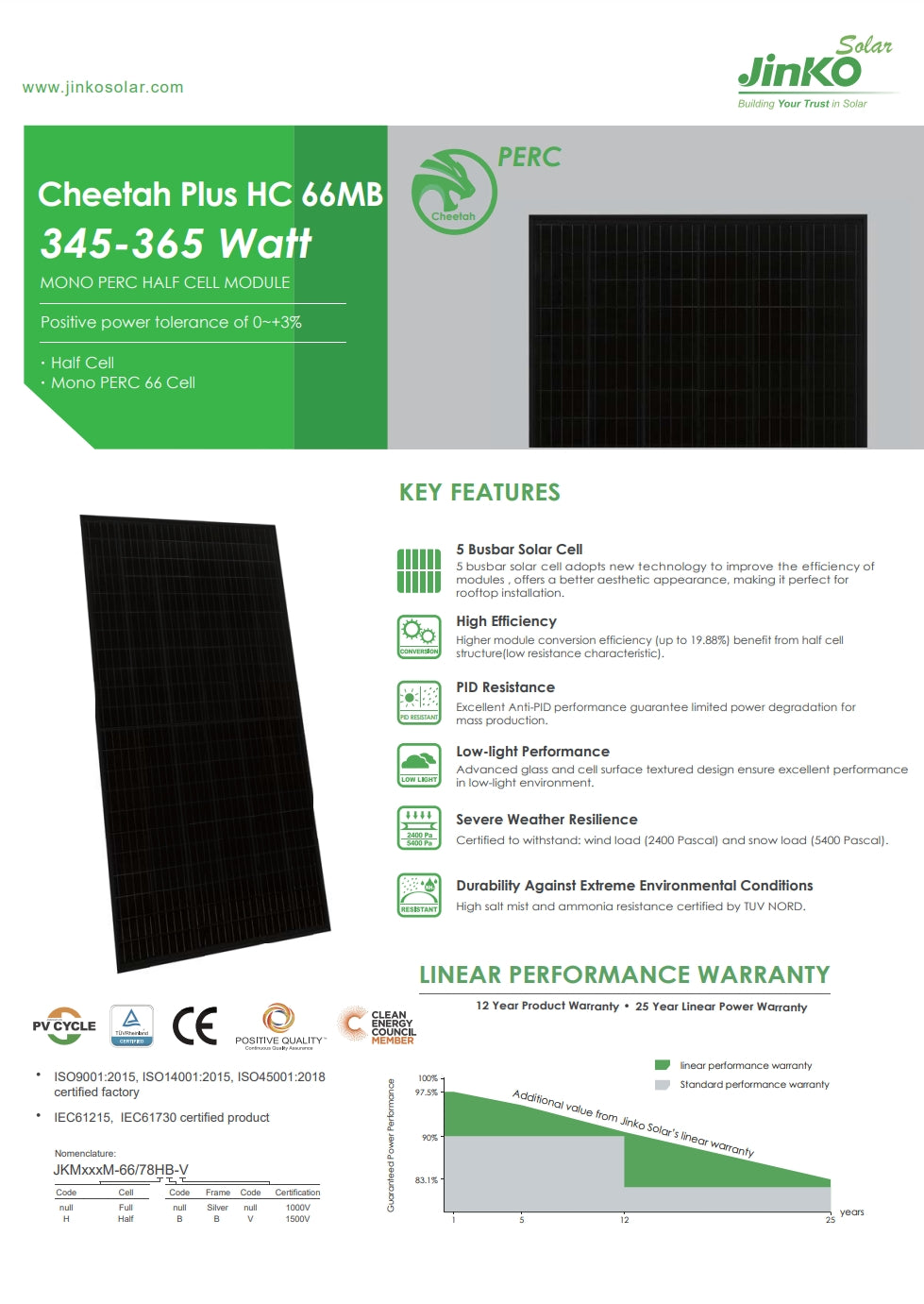 Jinko 345W Solar Panel, The Jinko Solar Panel offers high-efficiency PERC half-cell module with improved efficiency, PID resistance, and weather-resistance certifications.