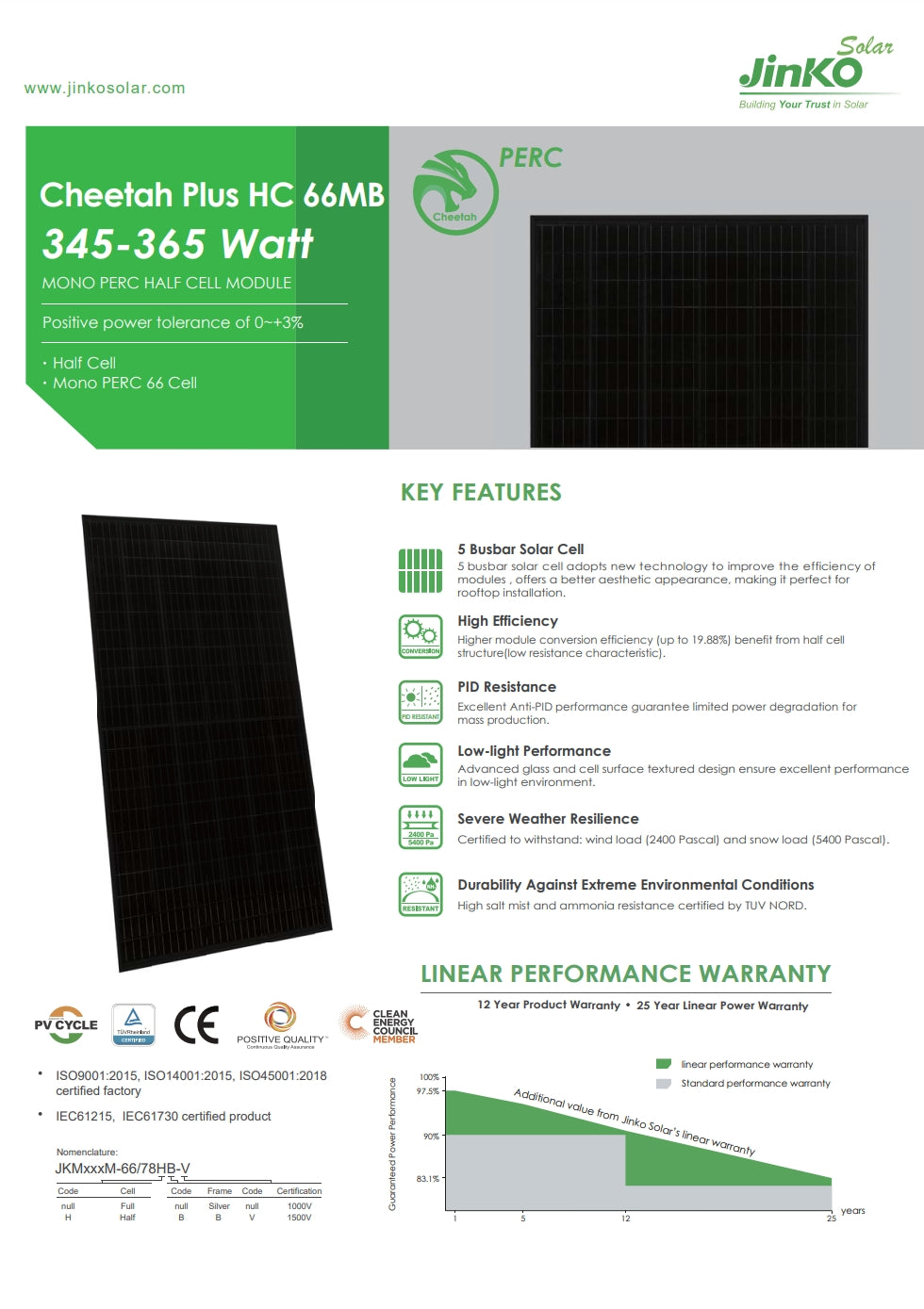 Jinko 365W Solar Panel, Jinko Solar PERC Cheetah Plus HC module features high efficiency, PID resistance, and durability against extreme environmental conditions.