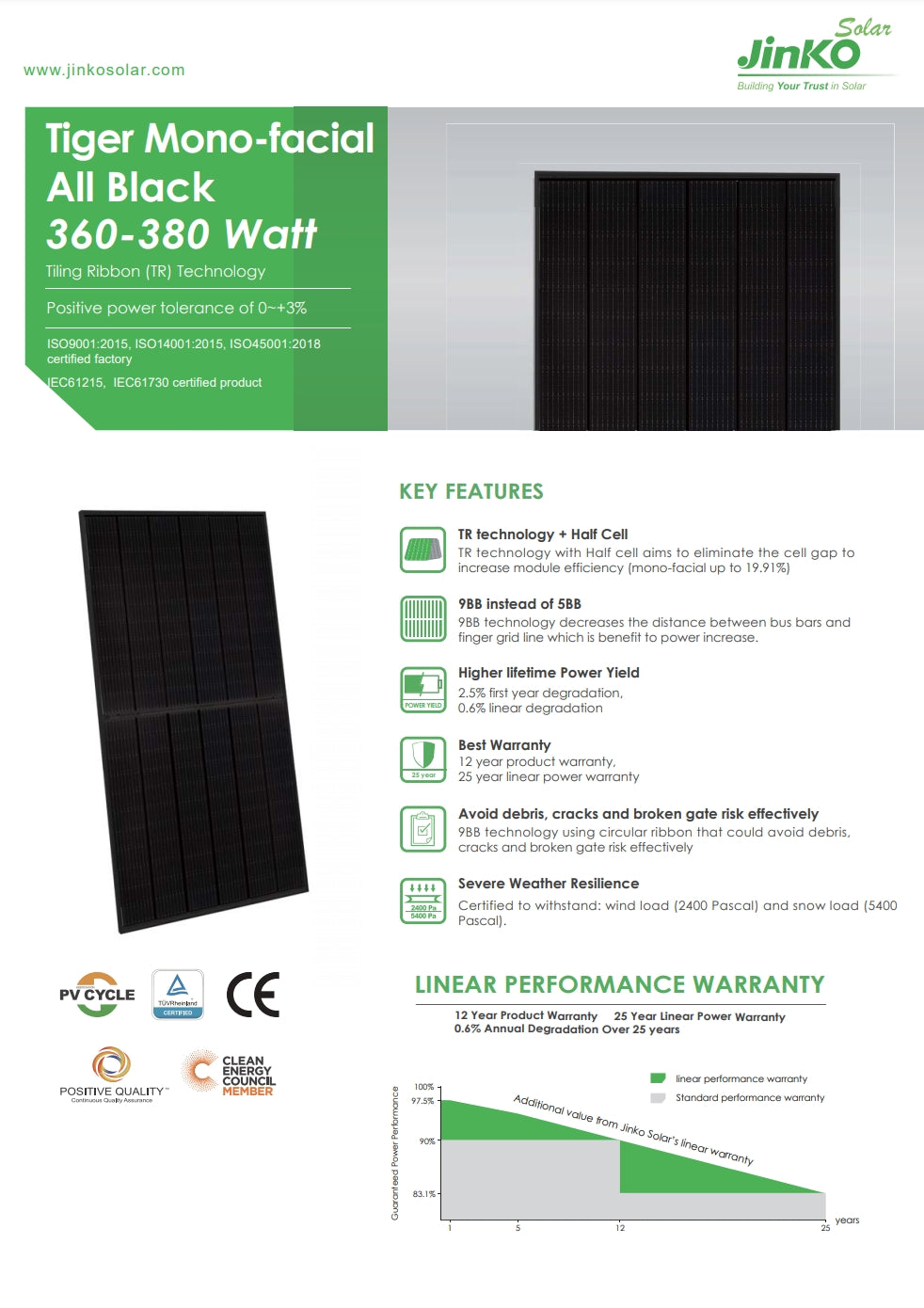 Jinko 375W Solar Panel, Jinko Solar presents high-performance solar panel with Mono-facial tech, Positive Power Tolerance and certifications for quality and reliability.