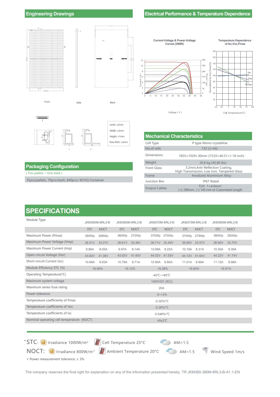 Jinko 375W Solar Panel, The Jinko Solar Panel features a monocrystalline cell type, dimensions, and weight specifications, along with maximum power output and efficiency details.