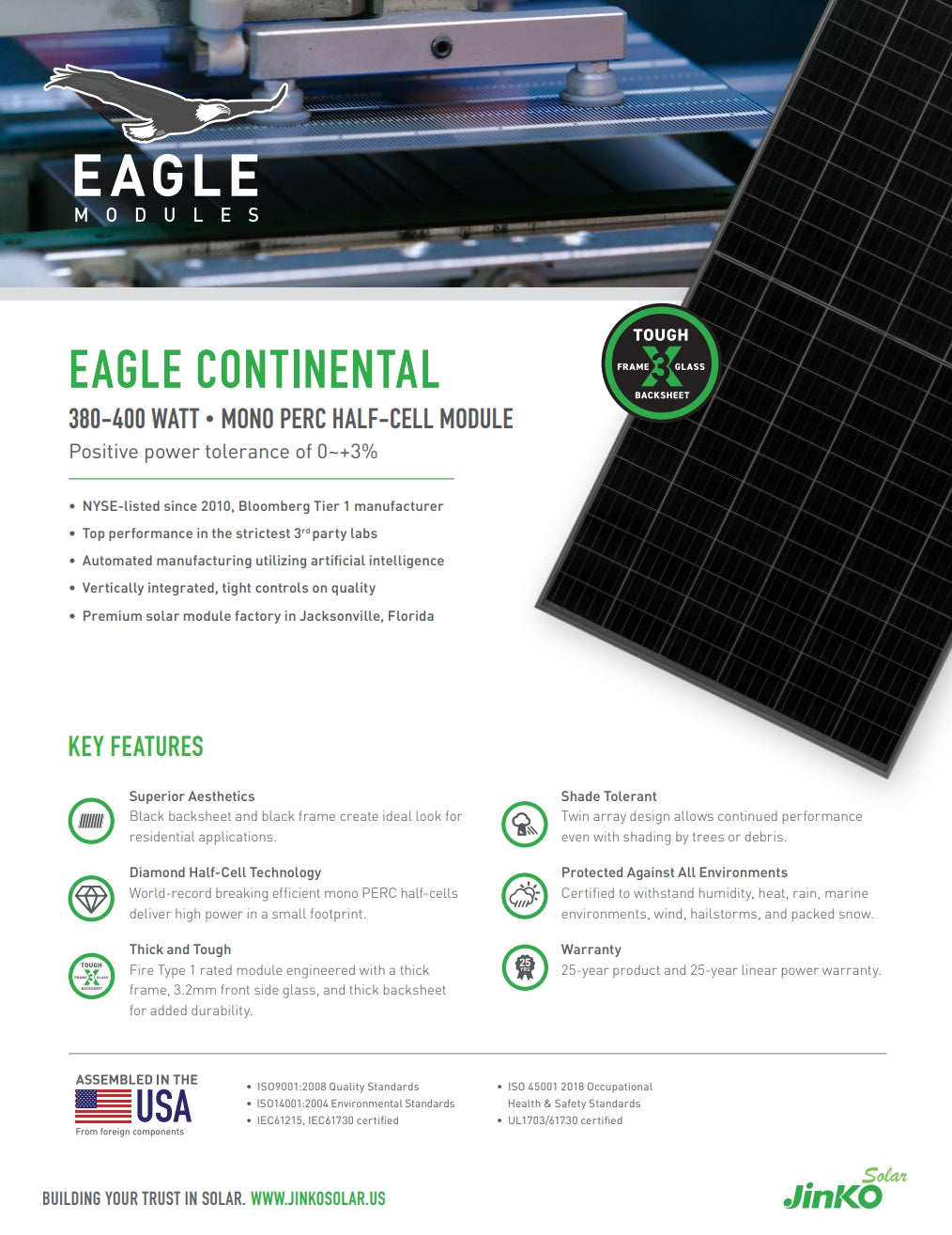 Jinko 385W Solar Panel, Solar panel features durable design, high efficiency, and certifications for harsh environments, with 25-year product and power warranty.