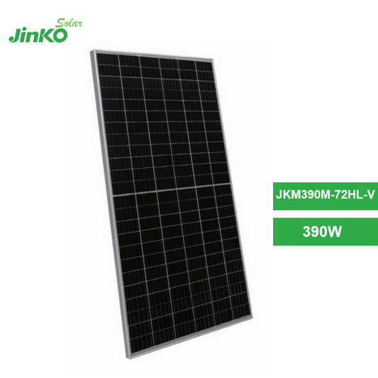 Jinko 390W Solar Panel, Jinko solar panel features high-efficiency monocrystalline silicon technology, producing up to 390W with a voltage range of 33.5-44.5V.