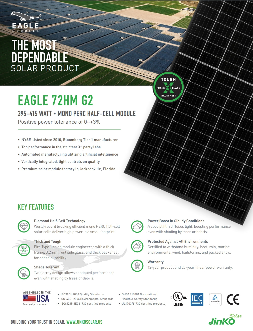 Jinko 415W Solar Panel, Eagle Solar most dependable product features a tough frame, glass backsheet, and half-cell module with positive power tolerance and top-notch manufacturing quality.