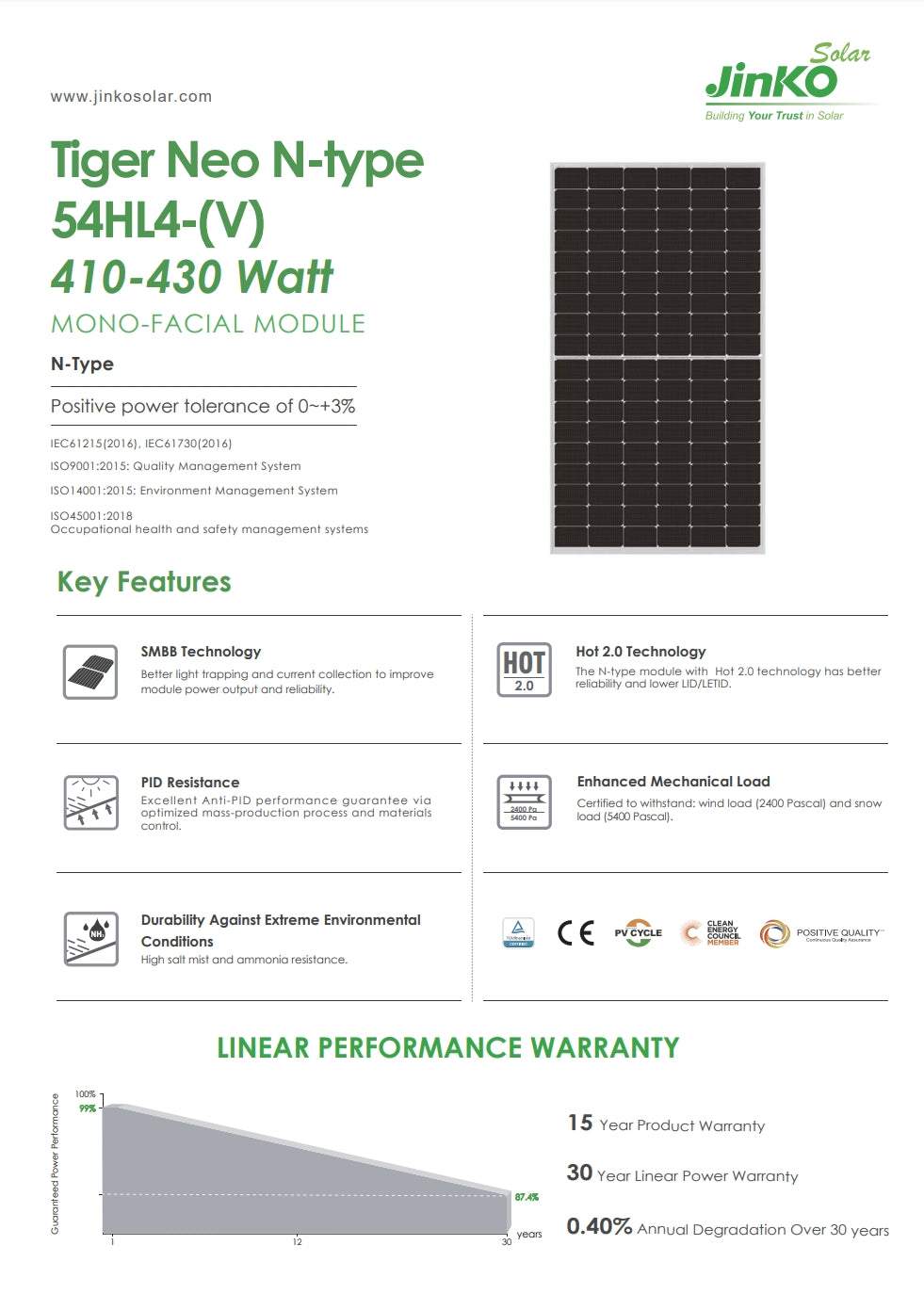 Jinko 430W Solar Panel, Jinko Solar offers trusty solar modules with advanced technologies, robust features, and reliable performance, backed by certifications and warranties.