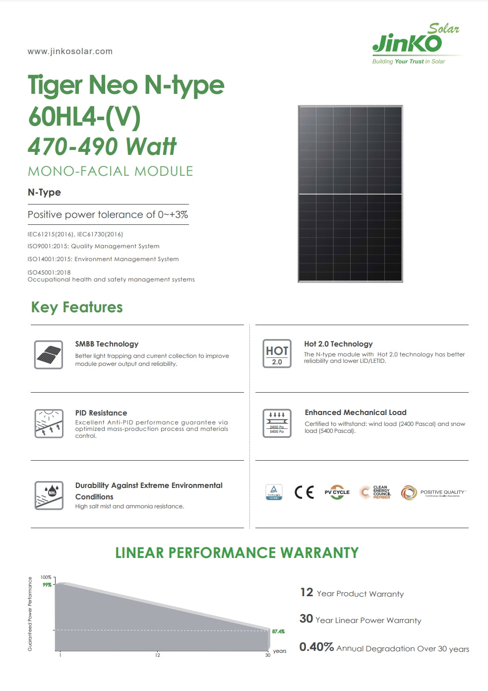 Jinko 485W Solar Panel, The Jinko Solar 485W module features N-type positive power tolerance, IEC compliance, improved power output, reliability, and durability.