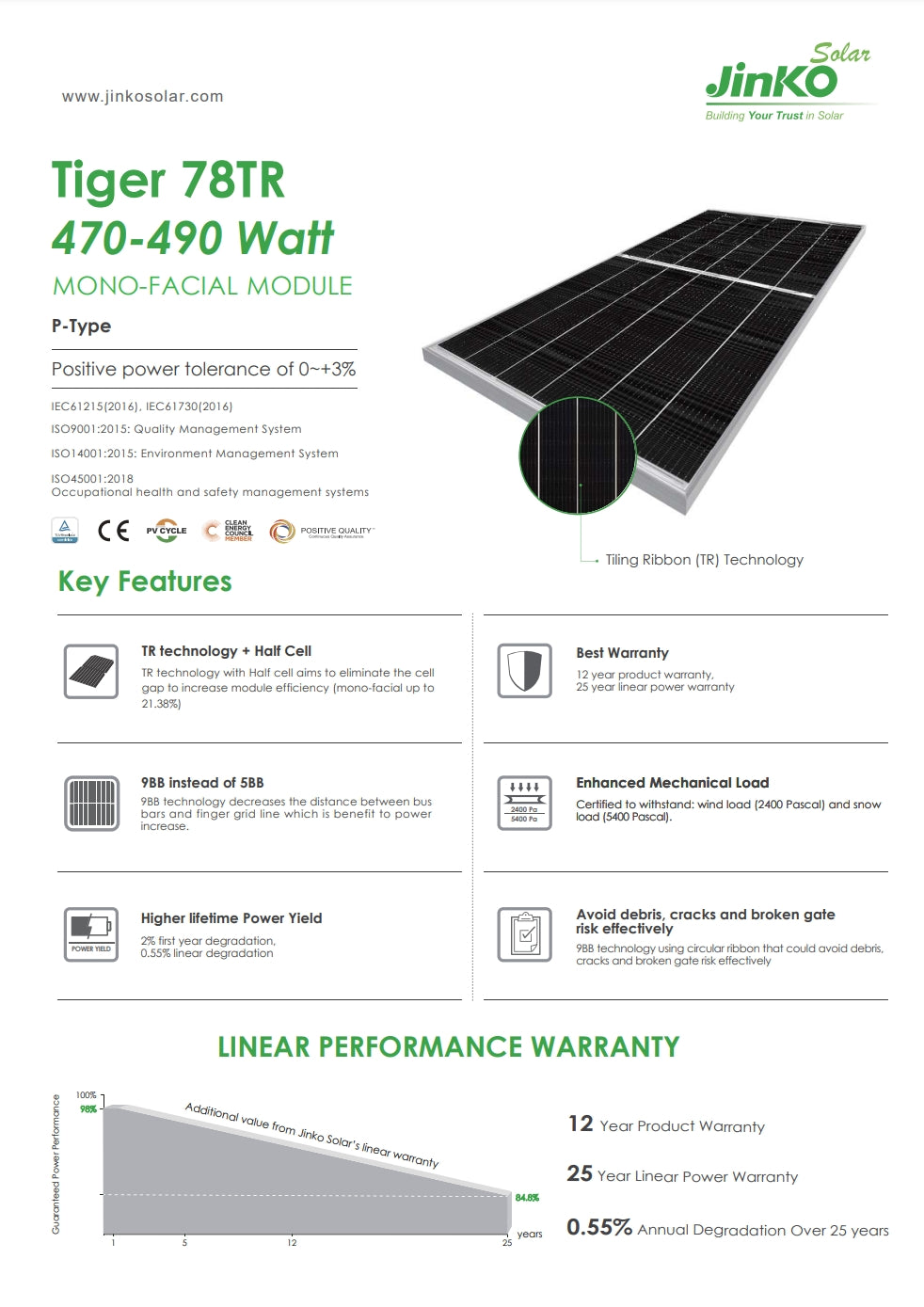 Jinko 490W Solar Panel, Jinko Solar module features mono-facial design with high efficiency, positive power tolerance, and enhanced mechanical load for reliable solar energy production.