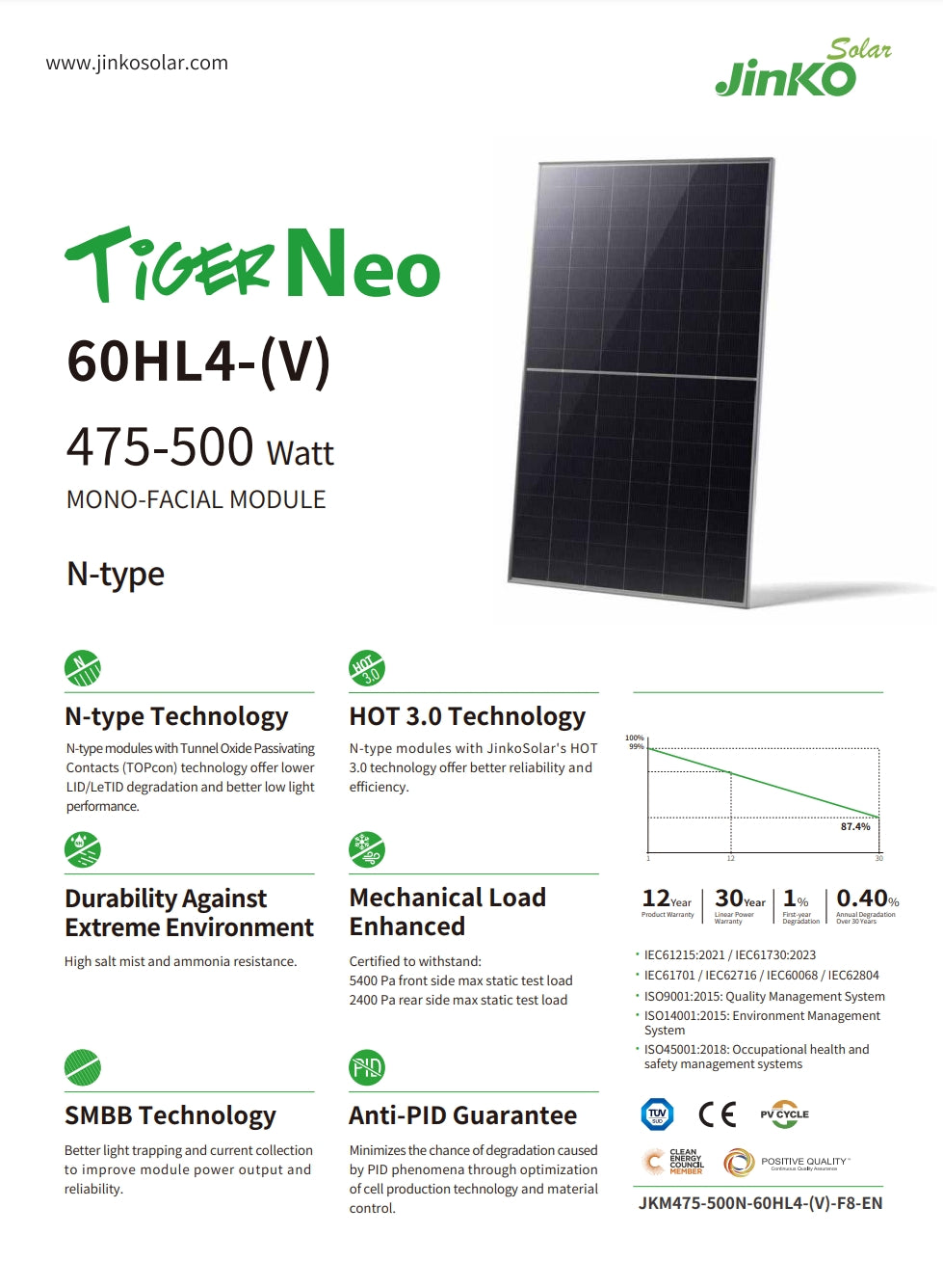 Jinko 495W Solar Panel, The JinkoSolar Tiger Neo 60HL4-(V) module features a high-power design with improved reliability and durability.