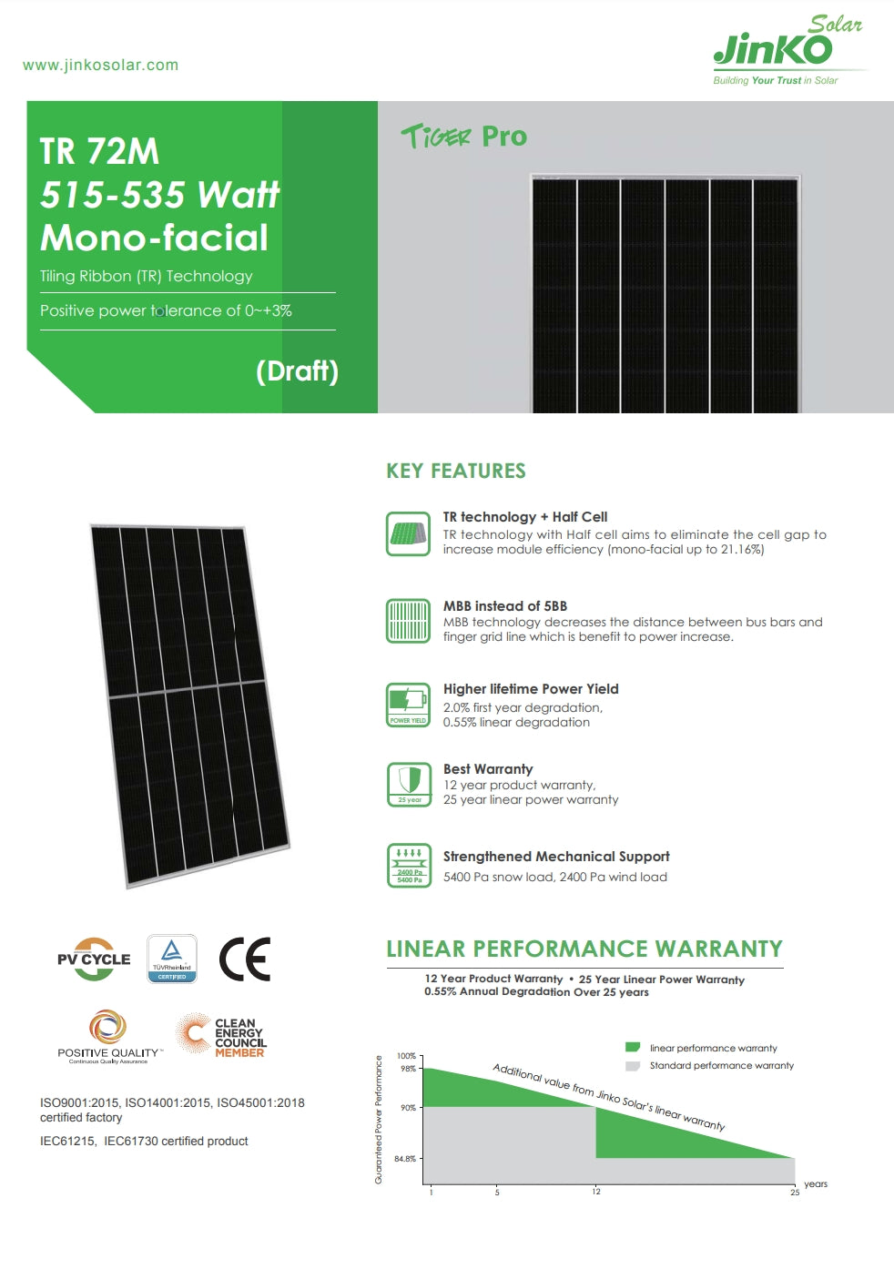 Jinko 515W Solar Panel, Jinko top-tier solar panel features TR technology, positive power tolerance, and strong mechanical support for reliable energy generation.