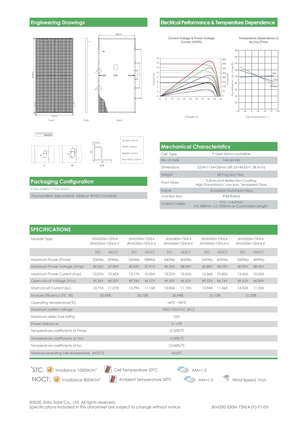 Jinko 530W Solar Panel, Solar panel specifications: Jinko 530W Module, maximum power 530W, efficiency 20.5556%, operating temperature range -40°C to +85°C.