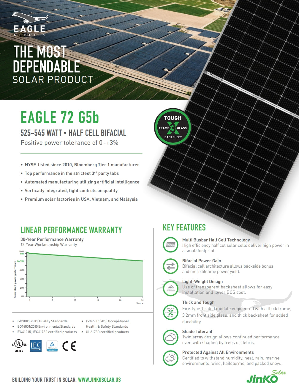 Jinko 540W Solar Panel, JinkoSolar offers dependable solar products with a 72-cell module, featuring tough frame and glass material.
