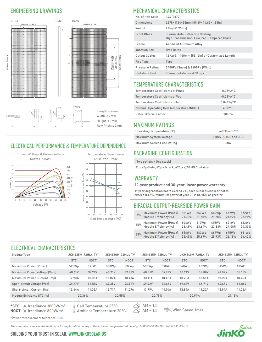 Jinko 540W Solar Panel, Solar panel specifications: 72 hail cells, anodized aluminum frame, IP68 rated junction box, and temperature range -40 to 85°C.
