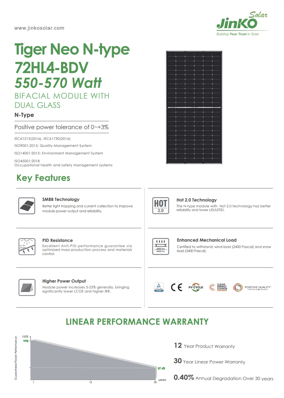 Jinko 560W Solar Panel, The Jinko Tiger Neo N-type 560W Solar Panel features bifacial dual glass design and meets international standards for quality and environment.