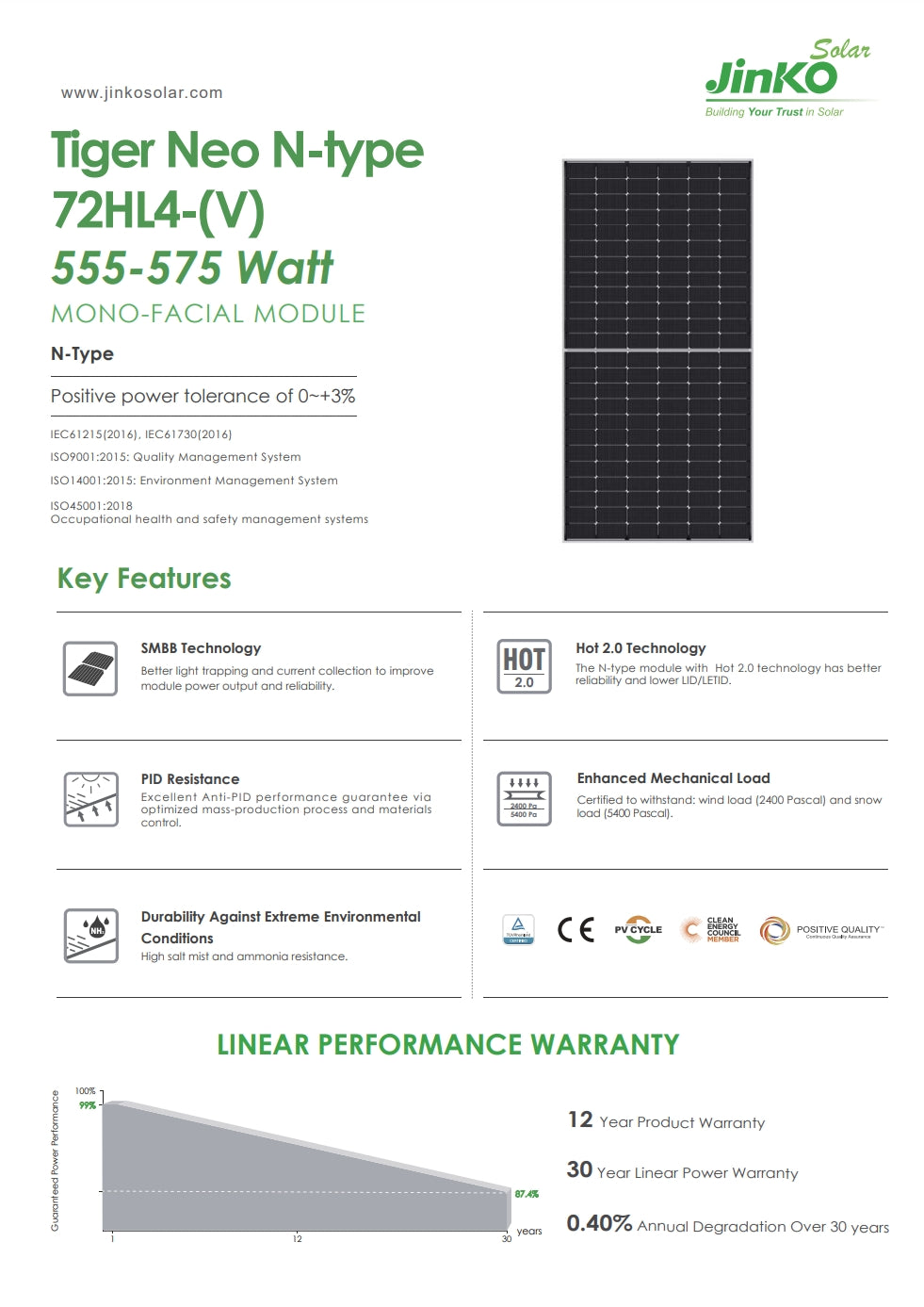 Jinko 565 Watt Solar Panel, Jinko Solar Tiger Neo N-type module features improved power output and reliability with SMBB and Hot 2.0 technologies.
