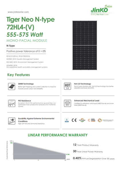 Jinko 565 Watt Solar Panel, Jinko Tiger Neo N-type Mono-Facial Module offers high-power output, improved light trapping, and reliability, with 12-year system and 30-year linear power warranties.