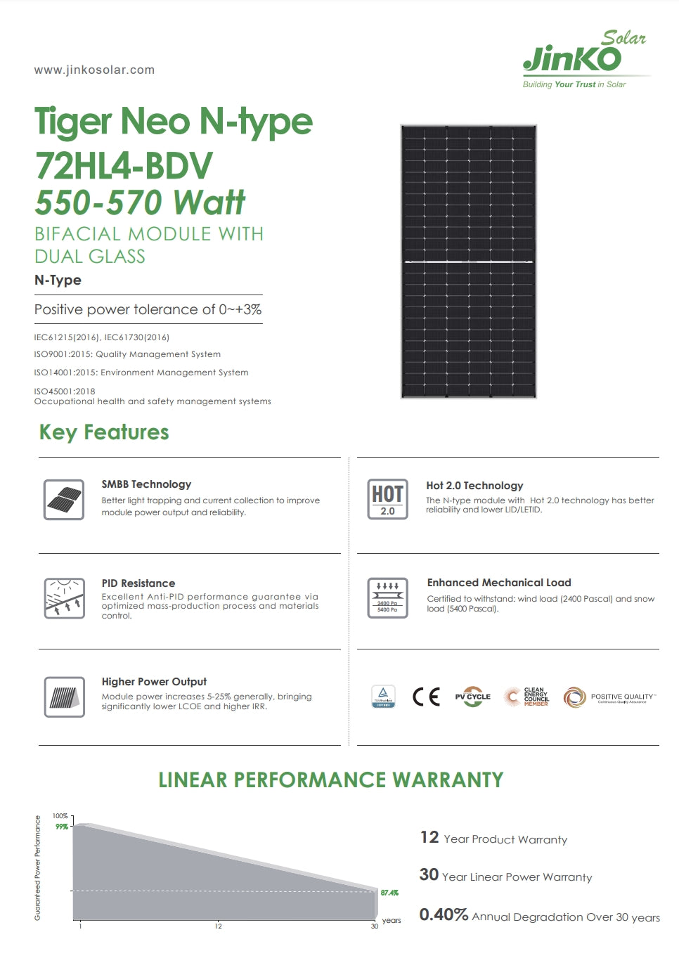 Jinko 570W Solar Panel, The Jinko Solar Panel 570W features SMBB and Hot 2.0 technologies for improved power output and reliability, with enhanced mechanical load resistance and anti-PID performance.