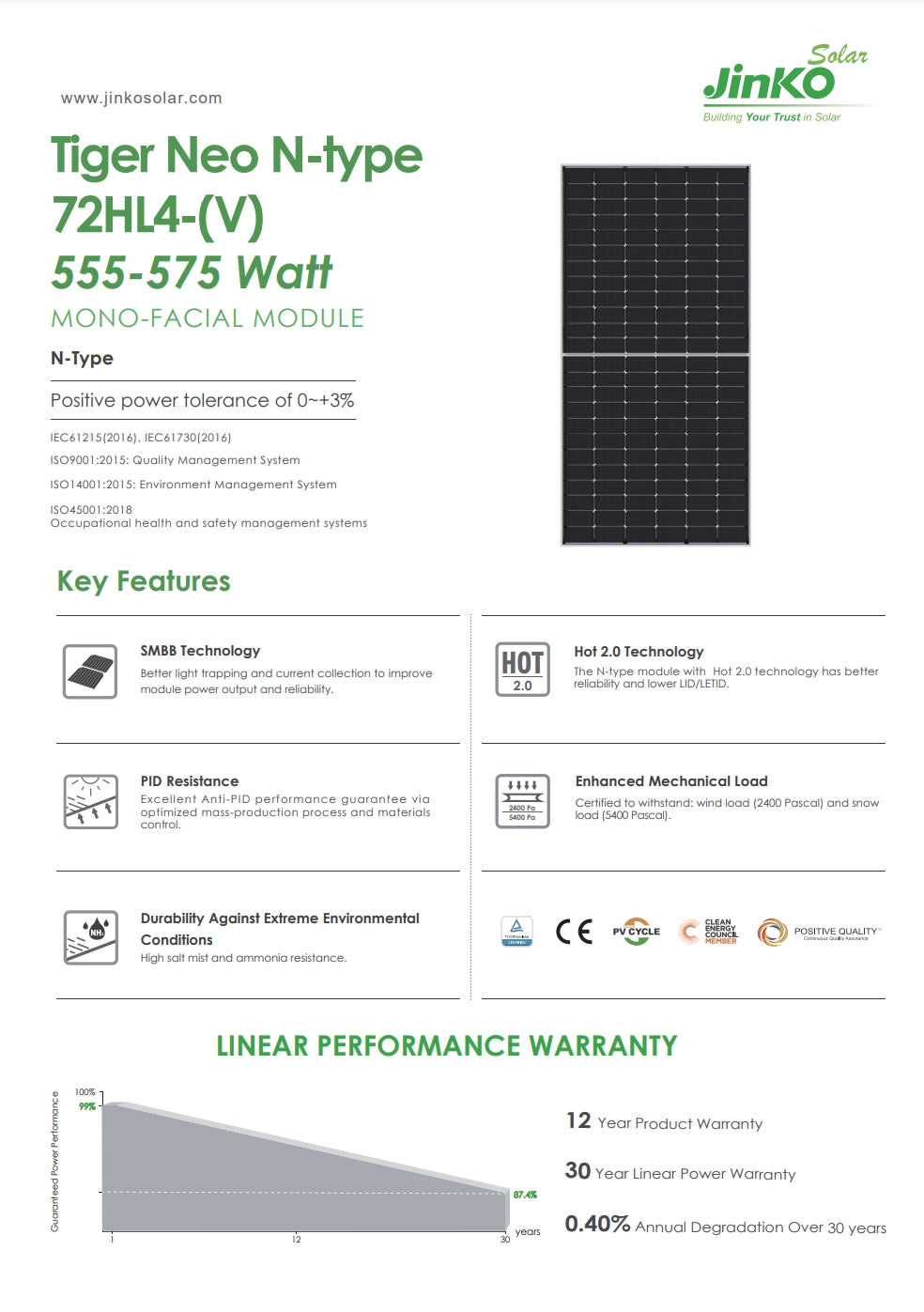 Jinko 575 Watt Solar Panel, Solar module with N-type technology and Hot 2.0 features, offering high efficiency and reliability, with 30-year warranty and linear power guarantee.